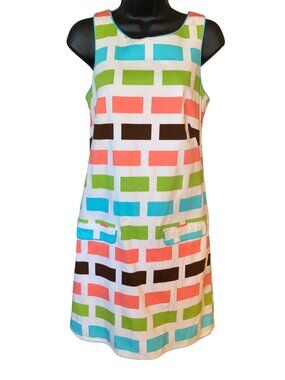 Elizabeth McKay Multicolor Geometric Sleeveless Shift Dress With Front Pockets S